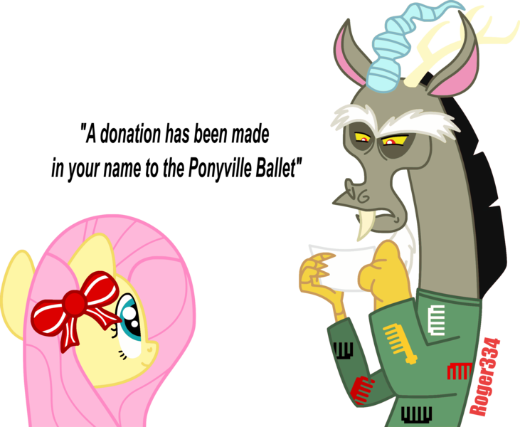 Size: 2451x2013 | Tagged: artist:roger334, clothes, deception, derpibooru import, discord, fluttershy, hearth's warming eve, inkscape, ponyscape, safe, simple background, sweater, transparent background, vector