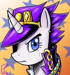 Size: 600x645 | Tagged: artist:pulu, chains, clothes, derpibooru import, jacket, jojo's bizarre adventure, jotaro kujo, looking at you, rarity, safe, solo, stardust crusaders, the mane is the hat