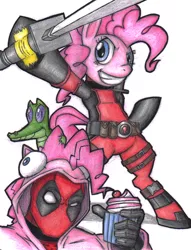 Size: 400x523 | Tagged: accesory swap, artist:pulu, clothes, cosplay, costume, crossover shipping, cupcake, deadpool, derpibooru import, duct tape, female, food, gummy, hoodie, katana, male, pinkie pie, pinkiepool (pairing), safe, simple background, straight, sword, tape, traditional art, weapon, xk-class end-of-the-world scenario