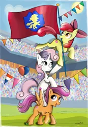 Size: 600x867 | Tagged: apple bloom, artist:milanoss, cutie mark, cutie mark crusaders, derpibooru import, equestria games, equestria games (episode), flag, pony pile, safe, scootaloo, sweetie belle, the cmc's cutie marks, tower of pony