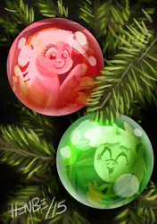 Size: 420x595 | Tagged: safe, artist:henbe, derpibooru import, derpy hooves, dinky hooves, pegasus, pony, christmas, decoration, female, hat, hearth's warming eve, holiday, mare, reflection, santa hat, tree