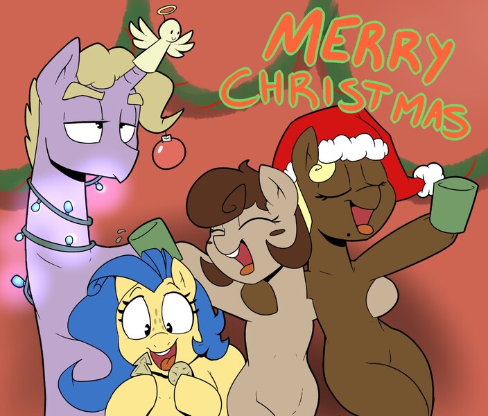 Size: 1280x1091 | Tagged: safe, artist:strangerdanger, derpibooru import, oc, oc:brann flakes, oc:cookie dough, oc:cookie dough (trottingham), oc:milky way, oc:nanaimo, unofficial characters only, pony, askcookieandbrann, bipedal, christmas, female, hat, holiday, mare, merry christmas, santa hat