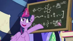 Size: 1280x720 | Tagged: safe, derpibooru import, screencap, twilight sparkle, twilight sparkle (alicorn), alicorn, pony, the hooffields and mccolts, book, chalk, chalkboard, equation, female, mare