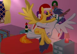 Size: 3161x2214 | Tagged: suggestive, artist:angina pectoris, derpibooru import, soarin', spitfire, pony, alcohol, animal costume, bedroom, bedroom eyes, chest, christmas, christmas wreath, clothes, costume, female, food, glass, holiday, hug, lamp, makeup, male, night, pillow, reindeer costume, rudolph nose, santa costume, shipping, snow, soarinfire, straight, surprised, window, wine, wine bottle, wine glass, winter, wreath