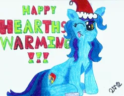 Size: 2200x1700 | Tagged: artist:2tailedderpy, christmas, colored pencil drawing, crayon, derpibooru import, hat, hearth's warming eve, holiday, looking at you, marker drawing, oc, oc:sapphire canvas, safe, santa hat, simple background, text, traditional art, unofficial characters only, white background