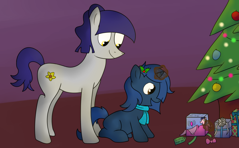 Size: 2395x1491 | Tagged: questionable, artist:anonpony1, derpibooru import, oc, oc:fruity blossom, oc:starlight blossom, unofficial characters only, female, filly, hearth's warming eve, implied foalcon, mother, mother and child, mother and daughter, present, sex toy, tree