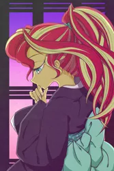 Size: 1280x1919 | Tagged: safe, artist:zat, derpibooru import, sunset shimmer, equestria girls, alternate hairstyle, clothes, kimono (clothing), ponytail, solo