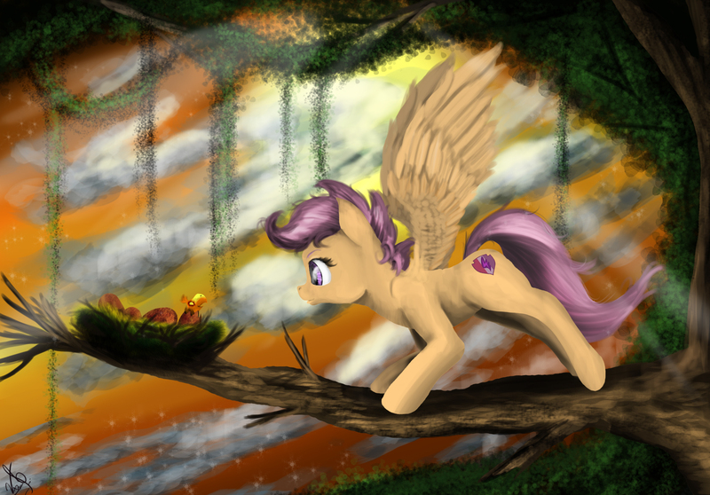 Size: 2116x1475 | Tagged: safe, artist:vinicius040598, derpibooru import, scootaloo, pegasus, phoenix, pony, bird nest, cutie mark, egg, female, filly, nest, phoenix chick, solo, the cmc's cutie marks, tree, tree branch