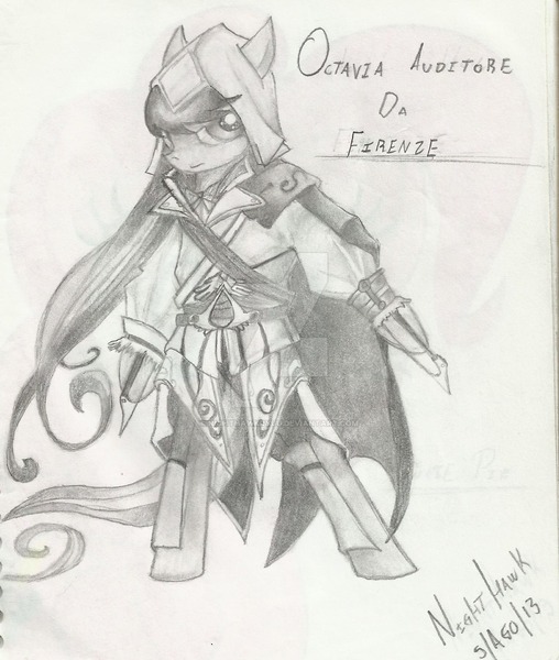 Size: 900x1064 | Tagged: artist:nighthawkryuu, assassin's creed, crossover, derpibooru import, ezio auditore, monochrome, octavia melody, safe, traditional art