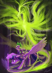 Size: 2480x3508 | Tagged: safe, artist:seer45, derpibooru import, spike, twilight sparkle, twilight sparkle (alicorn), alicorn, balefire phoenix, dragon, phoenix, pony, female, mare, standing on back