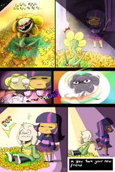 Size: 1024x1536 | Tagged: :|, =~=, artist:daughter-of-fantasy, asriel dreemurr, comic, crossover, derpibooru import, dialogue, dragging, flowey, friendship, frisk, frown, glare, glowing eyes, good end, grin, horn wand, human, humanized, magic, open mouth, pulling, safe, shivering, smiling, smirk, spoilers for another series, sweat, twilight friskle, twilight sparkle, undertale, wand, wide eyes