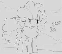 Size: 1280x1117 | Tagged: safe, artist:vulapa, derpibooru import, pinkie pie, twilight sparkle, twilight sparkle (alicorn), alicorn, pony, dialogue, female, flying, macro, mare, monochrome