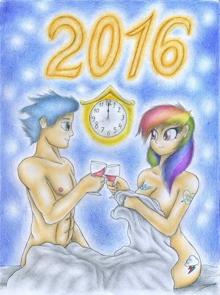 Size: 1223x1635 | Tagged: suggestive, artist:sinaherib, derpibooru import, rainbow dash, soarin', human, 2016, aftersex, alcohol, breasts, cleavage, female, food, happy new year, happy new year 2016, holiday, humanized, male, nipples, nudity, shipping, soarindash, straight, tattoo, traditional art, wine