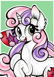 Size: 1024x1457 | Tagged: safe, artist:j-lin-mlp, derpibooru import, sweetie belle, pony, unicorn, cutie mark, cutie mark background, ear fluff, eyelashes, female, filly, green background, happy, horn, image, open smile, png, rearing, simple background, solo, the cmc's cutie marks, traditional art