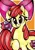 Size: 1024x1457 | Tagged: safe, artist:j-lin-mlp, derpibooru import, apple bloom, crusaders of the lost mark, apple bloom's bow, bow, cutie mark, cutie mark background, ear fluff, eyelashes, hair bow, happy, image, orange background, png, raised hoof, simple background, smiling, solo, the cmc's cutie marks, traditional art