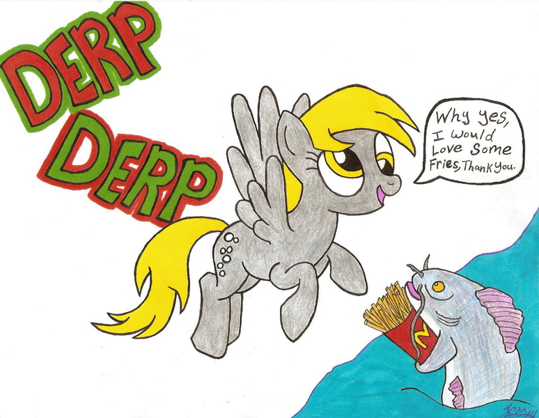 Size: 2188x1696 | Tagged: safe, artist:dustyscarecrow, derpibooru import, derpy hooves, catfish, fish, pegasus, pony, derp, female, food, french fries, mare, mcdonald's, not salmon, wat