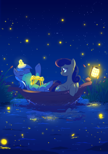 Size: 1100x1561 | Tagged: safe, artist:kelsea-chan, derpibooru import, bon bon, lyra heartstrings, sweetie drops, firefly (insect), insect, bedroom eyes, boat, female, glow, glowing horn, horn, lantern, lesbian, lyrabon, lyre, magic, musical instrument, night, raised hoof, romantic, shipping, telekinesis, water