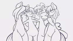 Size: 1024x576 | Tagged: safe, artist:kaikoinu, derpibooru import, boulder (pet), limestone pie, marble pie, maud pie, pinkie pie, pony, bipedal, female, siblings, sisters, wip