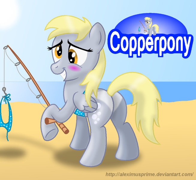 Size: 1024x939 | Tagged: safe, artist:aleximusprime, derpibooru import, derpy hooves, pegasus, pony, bikini, blushing, butt, clothes, coppertone, cute, derpabetes, female, fishing rod, i just don't know what went wrong, mare, plot, side-tie bikini, solo, swimsuit, undressing