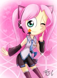 Size: 800x1100 | Tagged: safe, artist:fj-c, derpibooru import, fluttershy, equestria girls, ;p, adorkable, anime, armpits, boots, clothes, costume, cute, dork, hatsune miku, one eye closed, shoes, skirt, socks, solo, thigh highs, tongue out, vocaloid, wink, zettai ryouiki