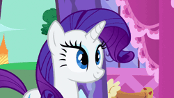 Size: 640x360 | Tagged: safe, derpibooru import, screencap, rarity, pony, unicorn, green isn't your color, animated, cute, excited, eyes closed, female, hopping, layering fail, lip bite, mare, open mouth, raribetes, solo