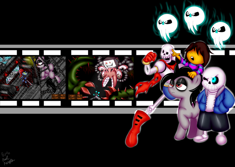 Size: 1280x914 | Tagged: artist:paulpeopless, crossover, derpibooru import, frisk, group, oc, oc:paulpeoples, papyrus, papyrus (undertale), safe, sans (undertale), spoilers for another series, undertale