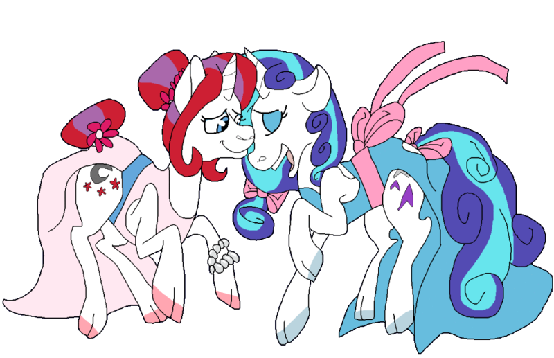 Size: 1106x715 | Tagged: artist:honeytediz, bow, clothes, cloven hooves, derpibooru import, dress, female, g1, glory, glorydancer, lesbian, married, married couple, moondancer (g1), newlywed, safe, shipping, tail bow