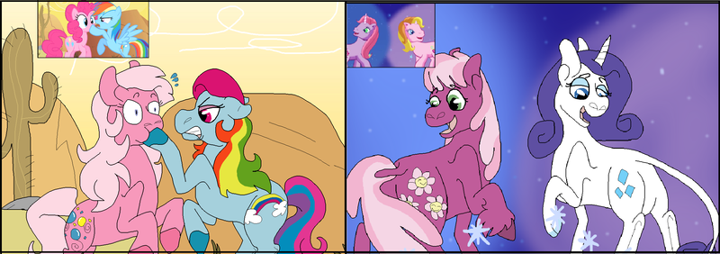 Size: 2430x856 | Tagged: safe, artist:honeytediz, derpibooru import, cheerilee, cheerilee (g3), pinkie pie, pinkie pie (g3), rainbow dash, rainbow dash (g3), rarity, rarity (g3), classical unicorn, unicorn, cloven hooves, g3, g3 to g4, g4 to g3, generation leap, leonine tail, scene interpretation, unshorn fetlocks