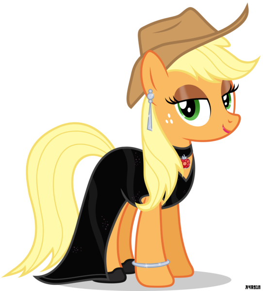 Size: 3600x3987 | Tagged: safe, artist:a4r91n, derpibooru import, edit, applejack, earth pony, pony, alternate hairstyle, applejack's hat, bedroom eyes, bracelet, choker, clothes, cowboy hat, dress, ear piercing, earring, eyeshadow, fancy, fancyjack, female, freckles, hat, jewelry, lipstick, loose hair, makeup, mare, piercing, shoes, simple background, solo, stetson, transparent background, vector