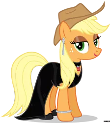 Size: 3600x3987 | Tagged: safe, artist:a4r91n, derpibooru import, edit, applejack, earth pony, pony, alternate hairstyle, applejack's hat, bedroom eyes, bracelet, choker, clothes, cowboy hat, dress, ear piercing, earring, eyeshadow, fancy, fancyjack, female, freckles, hat, jewelry, lipstick, loose hair, makeup, mare, piercing, shoes, simple background, solo, stetson, transparent background, vector