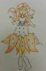 Size: 1809x2763 | Tagged: safe, artist:lizzyisme, derpibooru import, sunset shimmer, volcarona, equestria girls, rainbow rocks, clothes, crossover, dress, happy, pokémon, smiling, solo, traditional art