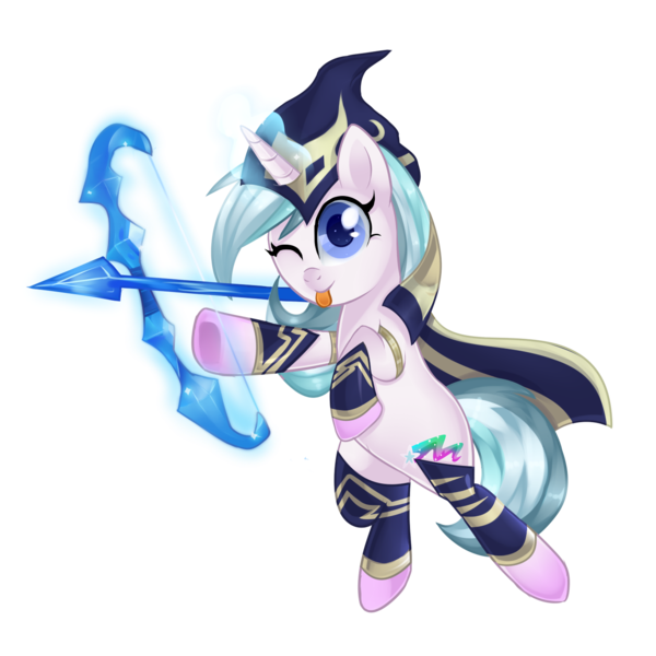 Size: 1400x1400 | Tagged: safe, artist:sugguk, derpibooru import, oc, oc:northern lights, unofficial characters only, arrow, ashe, bow (weapon), bow and arrow, colored pupils, league of legends, magic, simple background, solo, tongue out, transparent background, weapon