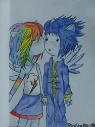 Size: 3000x4000 | Tagged: safe, artist:pinkshooter-chan, derpibooru import, rainbow dash, soarin', human, female, humanized, kissing, male, shipping, soarindash, straight, winged humanization, wings, younger