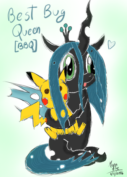 Size: 1086x1515 | Tagged: safe, artist:moonfire, derpibooru import, queen chrysalis, changeling, changeling queen, pikachu, /mlp/, 4chan, crossover, cute, cutealis, derp, drawthread, female, heart, hug, image, plushie, png, pokémon, requested art, signature, text