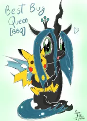 Size: 1086x1515 | Tagged: safe, artist:moonfire, derpibooru import, queen chrysalis, changeling, changeling queen, pikachu, /mlp/, 4chan, crossover, cute, cutealis, derp, drawthread, female, heart, hug, image, plushie, png, pokémon, requested art, signature, text