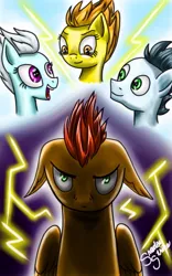 Size: 637x1022 | Tagged: safe, artist:shadow strike, derpibooru import, fleetfoot, rapidfire, soarin', spitfire, oc, oc:rapidfire, pony, fanfic:piercing the heavens, angry, blue sky, dark, glare, lightning, revenge, shadowbolt colors, wonderbolts