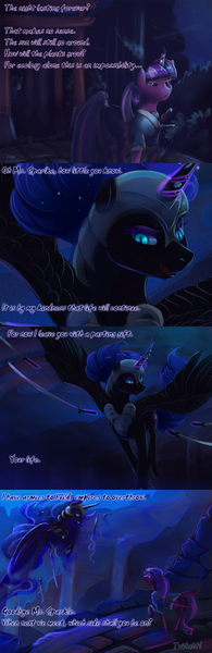 Size: 1280x3940 | Tagged: alternate universe, artist:viwrastupr, clothes, comic, derpibooru import, glowing horn, horn, katana, kimono (clothing), nightmare moon, safe, samurai twilight, sword, tail wrap, tumblr, twilight sparkle, weapon