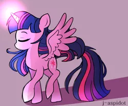 Size: 1024x853 | Tagged: safe, artist:j-aspidot, derpibooru import, twilight sparkle, twilight sparkle (alicorn), alicorn, pony, eyes closed, female, glowing horn, horn, mare, solo