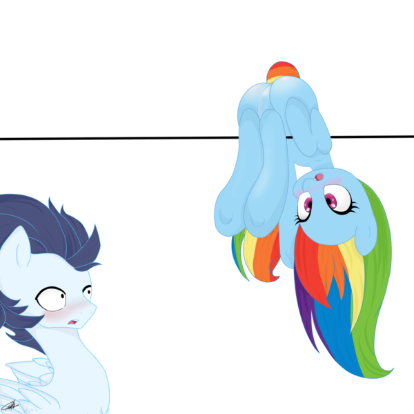 Size: 1024x1024 | Tagged: suggestive, artist:sofialurax, derpibooru import, rainbow dash, soarin', pony, blushing, female, male, shipping, soarindash, straight, wat