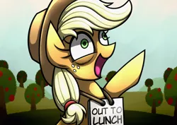 Size: 1754x1240 | Tagged: safe, artist:rambopvp, derpibooru import, applejack, pony, apple, apple tree, open mouth, pointing, sign, silly, silly pony, solo, tree, who's a silly pony, wide eyes