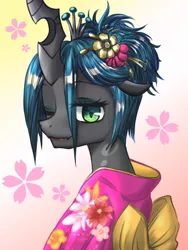 Size: 600x800 | Tagged: alternate hairstyle, artist:jurisalis, bust, clothes, derpibooru import, flower, flower in hair, kanzashi, kimono (clothing), lipstick, looking at you, makeup, one eye closed, queen chrysalis, safe, solo, wink