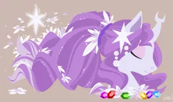 Size: 1657x975 | Tagged: safe, artist:raygirl, derpibooru import, tree of harmony, oc, oc:harmony (heilos), ponified, unofficial characters only, pony, bust, element of generosity, element of honesty, element of kindness, element of laughter, element of loyalty, element of magic, elements of harmony, eyes closed, female, flower, flower in hair, gem, horn, lineless, long mane, mare, minimalist, modern art, portrait, profile, rupee, simple background, solo, stars, wallpaper