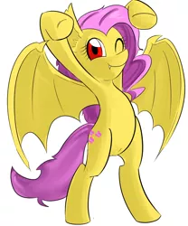 Size: 1000x1200 | Tagged: safe, artist:汚自慰, derpibooru import, fluttershy, bat pony, pony, bat ponified, bipedal, clothes, costume, fangs, flutterbat, one eye closed, pixiv, race swap, raised hoof, simple background, solo, white background, wink