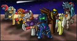 Size: 3478x1862 | Tagged: safe, artist:stormblaze-pegasus, derpibooru import, oc, oc:captain ace "danger" dangerpone, oc:captain fantastic, oc:crossfire, oc:doctor bandaid, oc:ion wave, oc:laser crusader, oc:princess star platinum, oc:razor, oc:thea clerke, unofficial characters only, alicorn, cyborg, earth pony, pegasus, pony, alicorn oc, armor, artificial wings, augmented, beret, glasses, group photo, hat, horn, mechanical wing, pen, power armor, powered exoskeleton, science fiction, shooting star, space, watch, wings, wristwatch