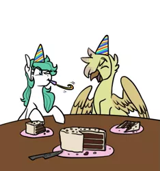 Size: 579x618 | Tagged: safe, artist:redxbacon, derpibooru import, oc, oc:beryl, oc:beryl (smhac), oc:golden plume, unofficial characters only, gryphon, birthday, cake, food, hat, knife, party hat, table