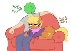 Size: 807x574 | Tagged: suggestive, artist:shoutingisfun, derpibooru import, ms. harshwhinny, oc, oc:anon, earth pony, human, pony, anon's couch, couch, dialogue, female, imminent sex, implied human on pony action, implied interspecies, male, mare, open mouth
