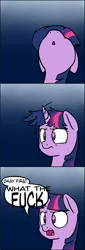 Size: 1174x3439 | Tagged: safe, artist:victoreach, derpibooru import, twilight sparkle, pony, unicorn, :<, :o, ask, comic, female, floppy ears, frazzled, frown, glare, juxtaposition bait, looking up, mare, messy mane, open mouth, reaction image, snoot, solo, tumblr, vulgar, wtf