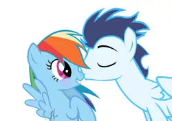 Size: 1279x901 | Tagged: safe, artist:sofialurax, derpibooru import, rainbow dash, soarin', pony, female, kissing, male, shipping, signature, simple background, soarindash, sofialurax is trying to murder us, straight, white background