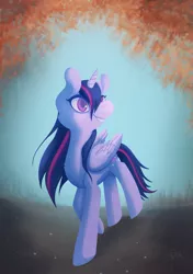 Size: 1247x1772 | Tagged: safe, artist:miss-cats, derpibooru import, twilight sparkle, twilight sparkle (alicorn), alicorn, pony, autumn, female, grin, mare, rain, smiling, solo, wet, wet mane