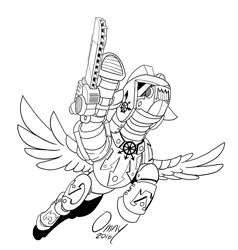 Size: 800x839 | Tagged: safe, artist:omny87, derpibooru import, oc, unofficial characters only, pegasus, pony, armor, chainsaw, chaos, commission, monochrome, warhammer (game), warhammer 40k, weapon